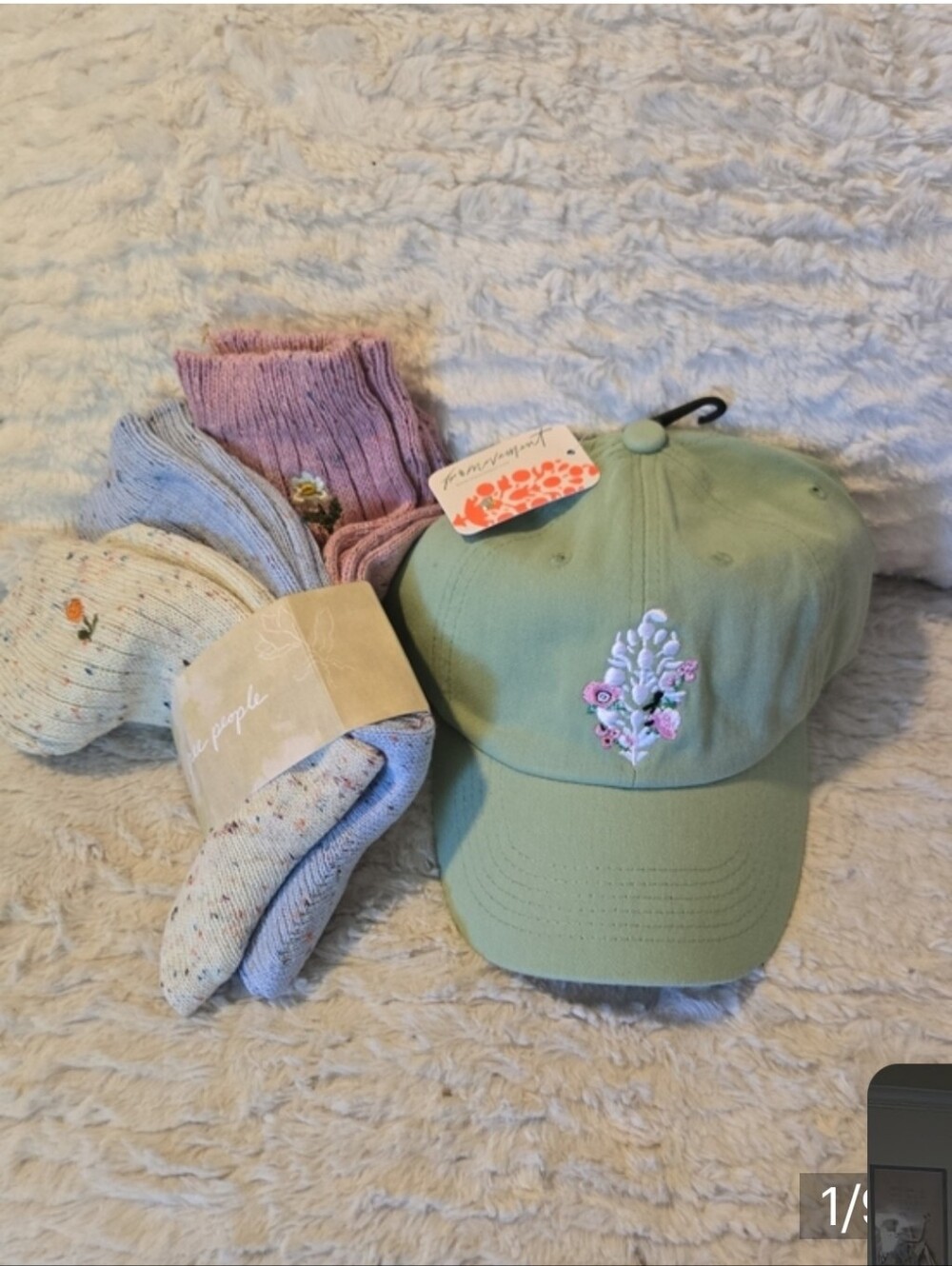 Free People Mint Green Floral Embroidered Cap With 3 Pair FP socks
